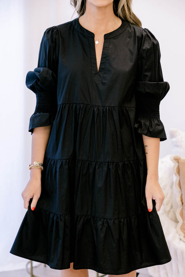 Chic Soul plus size clothing, black long sleeve short tiered dress with subtle v neckline