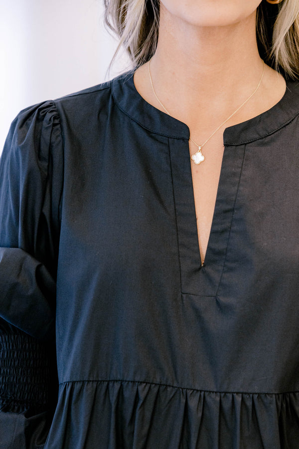 Chic Soul plus size clothing, black long sleeve short tiered dress with subtle v neckline