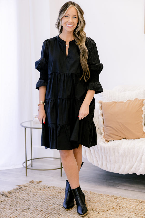 Chic Soul plus size clothing, black long sleeve short tiered dress with subtle v neckline