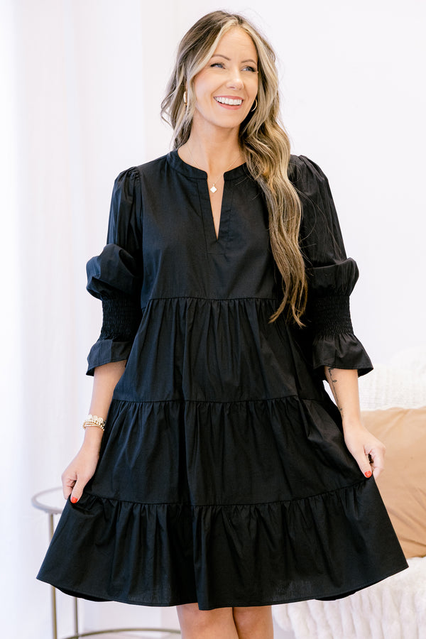 Chic Soul plus size clothing, black long sleeve short tiered dress with subtle v neckline