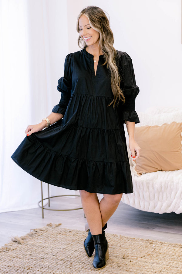 Chic Soul plus size clothing, black long sleeve short tiered dress with subtle v neckline