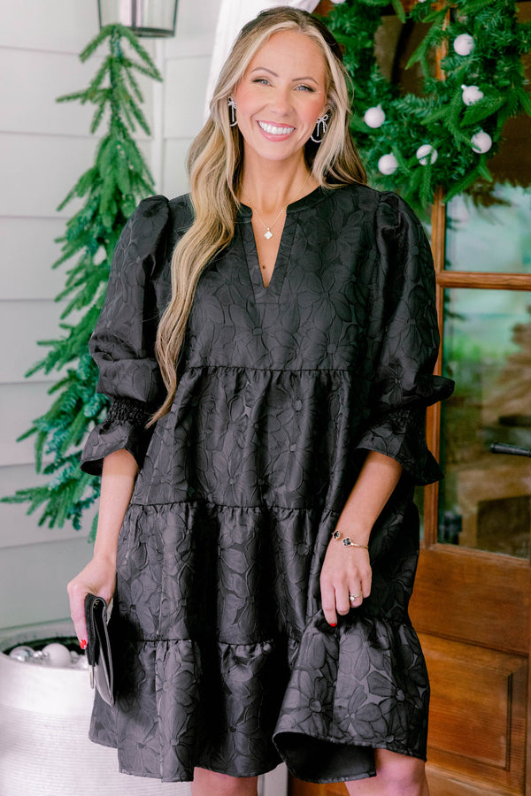 Chic Soul plus size clothing, black short puff sleeve tiered baby doll dress with v neck cutout and embossed floral print