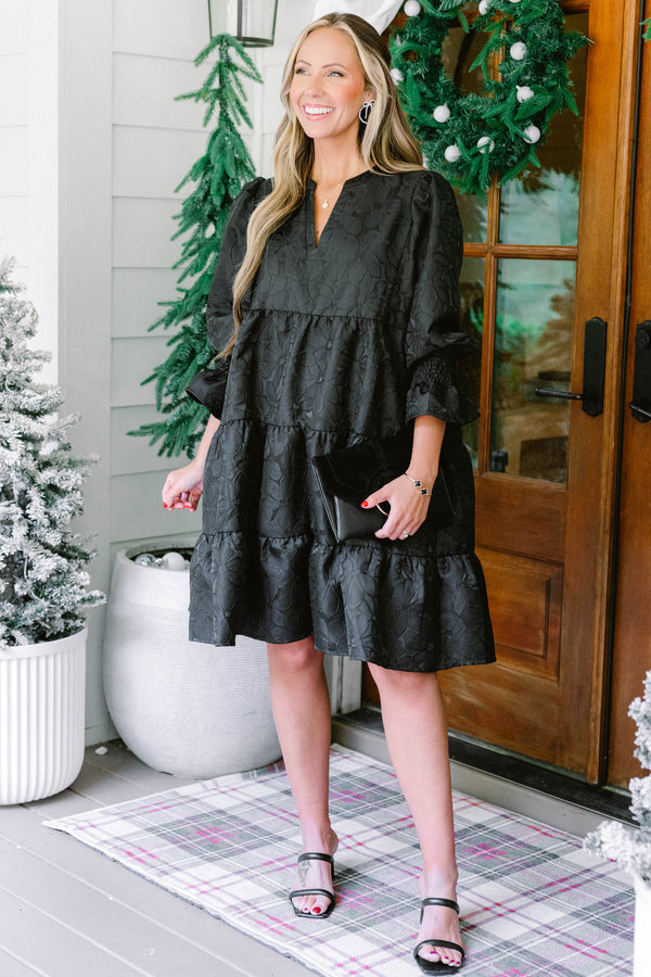 Chic Soul plus size clothing, black short puff sleeve tiered baby doll dress with v neck cutout and embossed floral print