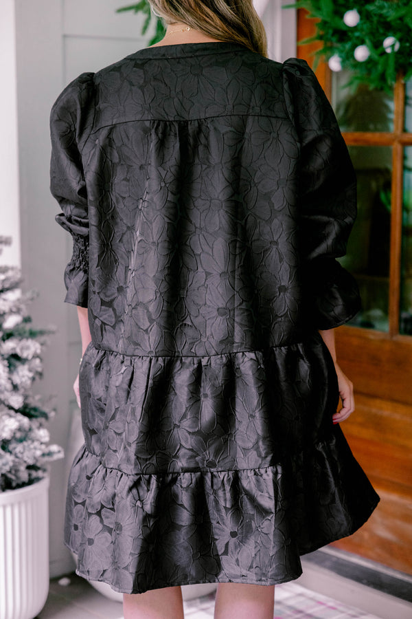 Chic Soul plus size clothing, black short puff sleeve tiered baby doll dress with v neck cutout and embossed floral print