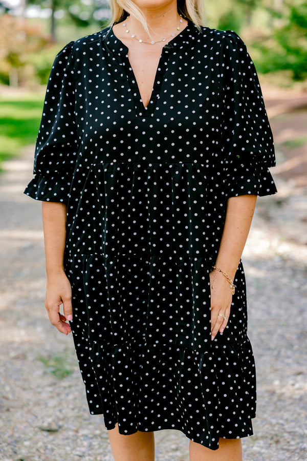 Chic Soul plus size clothing, black short bubble sleeve short tiered dress with white polka dots