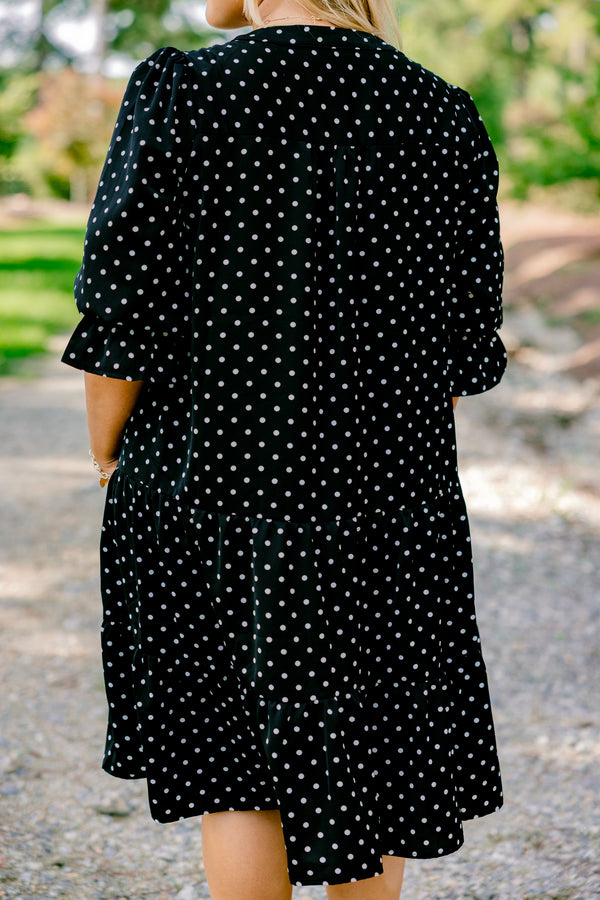 Chic Soul plus size clothing, black short bubble sleeve short tiered dress with white polka dots