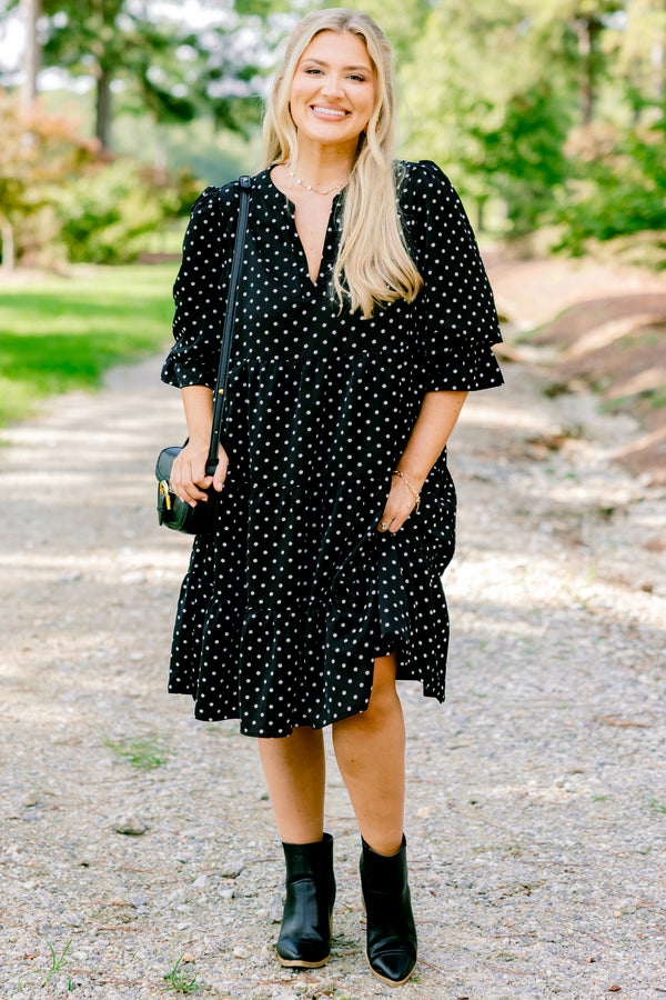 Chic Soul plus size clothing, black short bubble sleeve short tiered dress with white polka dots