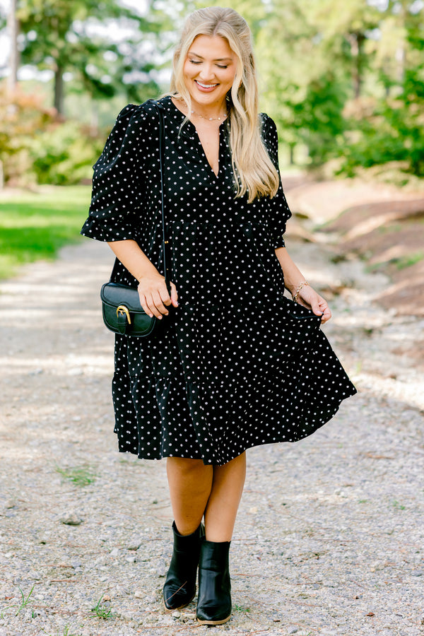 Chic Soul plus size clothing, black short bubble sleeve short tiered dress with white polka dots