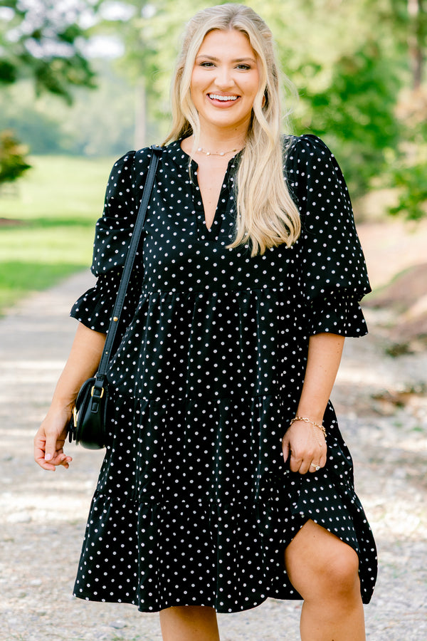 Chic Soul plus size clothing, black short bubble sleeve short tiered dress with white polka dots