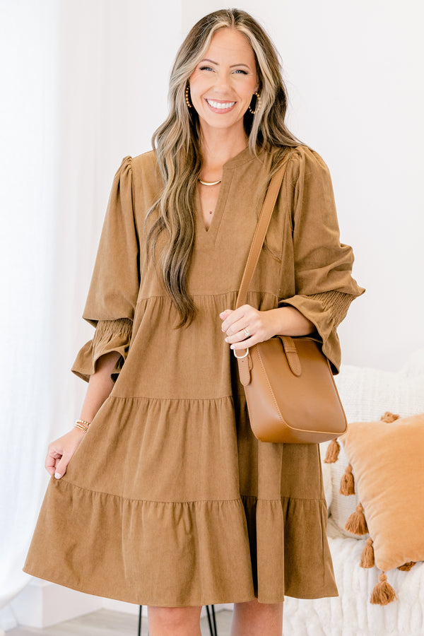 Chic Soul plus size clothing, brown tiered baby doll dress with half sleeves that have a ruffle detail at the end of each sleeve 