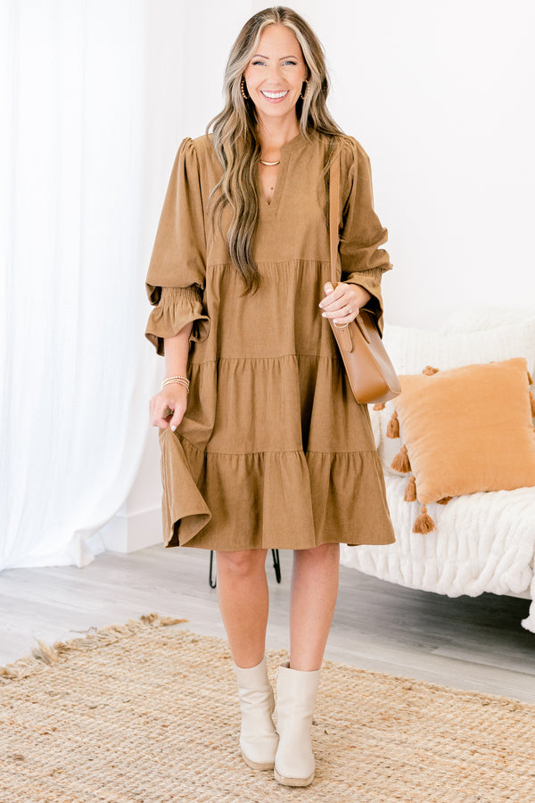 Chic Soul plus size clothing, brown tiered baby doll dress with half sleeves that have a ruffle detail at the end of each sleeve 