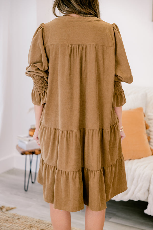 Chic Soul plus size clothing, brown tiered baby doll dress with half sleeves that have a ruffle detail at the end of each sleeve 