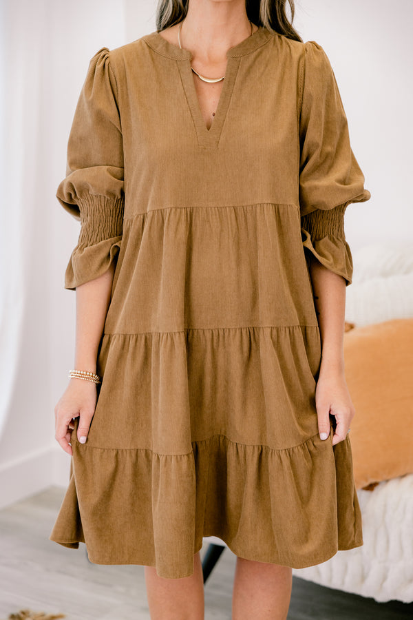 Chic Soul plus size clothing, brown tiered baby doll dress with half sleeves that have a ruffle detail at the end of each sleeve 