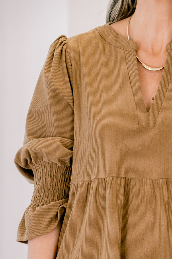 Chic Soul plus size clothing, brown tiered baby doll dress with half sleeves that have a ruffle detail at the end of each sleeve 