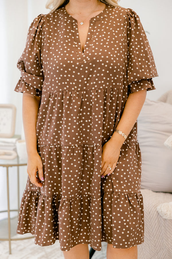 Chic Soul plus size clothing, brown short sleeve tiered baby doll dress with white polka dots and a v neck cutout 