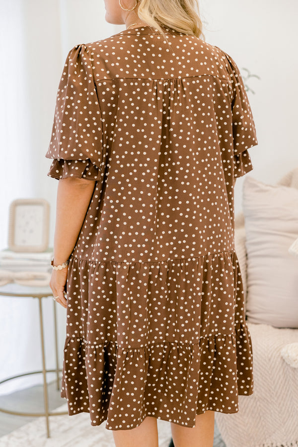 Chic Soul plus size clothing, brown short sleeve tiered baby doll dress with white polka dots and a v neck cutout 
