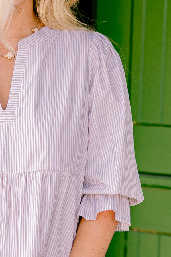 Chic Soul plus size clothing, brown striped baby doll dress with half sleeves that have ruffle detailing around the bottom of each sleeve 
