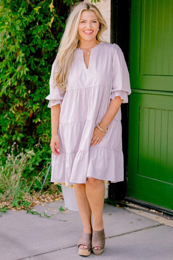 Chic Soul plus size clothing, brown striped baby doll dress with half sleeves that have ruffle detailing around the bottom of each sleeve 
