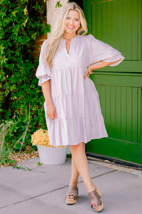 Chic Soul plus size clothing, brown striped baby doll dress with half sleeves that have ruffle detailing around the bottom of each sleeve 
