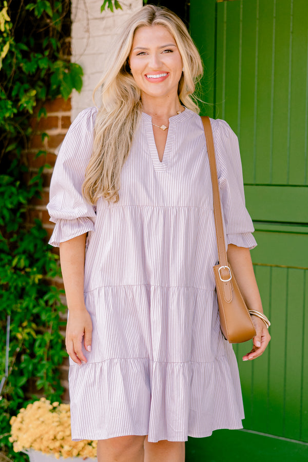 Chic Soul plus size clothing, brown striped baby doll dress with half sleeves that have ruffle detailing around the bottom of each sleeve 
