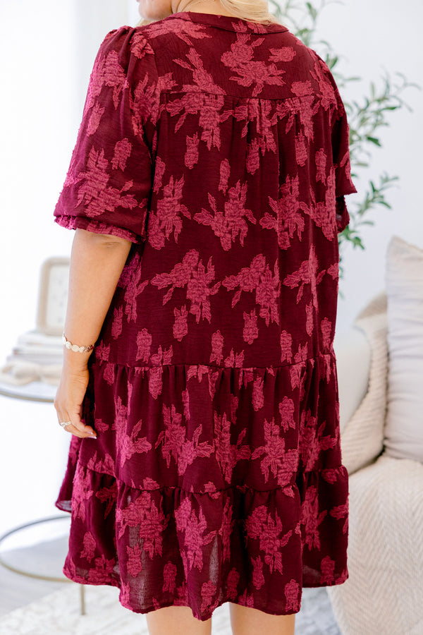 Chic Soul plus size clothing, burgundy short puff sleeve tiered baby doll dress with v neckline cutout and light red floral print detailing