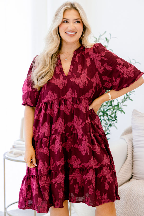 Chic Soul plus size clothing, burgundy short puff sleeve tiered baby doll dress with v neckline cutout and light red floral print detailing