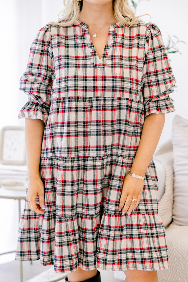 Chic Soul plus size clothing, cream red and black plaid cinched short sleeve short dress with v-neckline 
