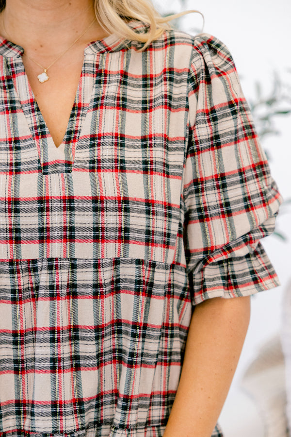 Chic Soul plus size clothing, cream red and black plaid cinched short sleeve short dress with v-neckline 
