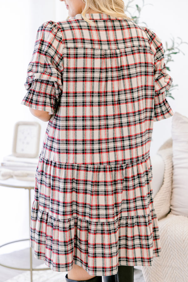 Chic Soul plus size clothing, cream red and black plaid cinched short sleeve short dress with v-neckline 
