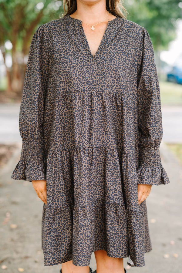 Plus Size dark leopard print tiered dress with a V-neckline and three-quarter length ruffled sleeves.
