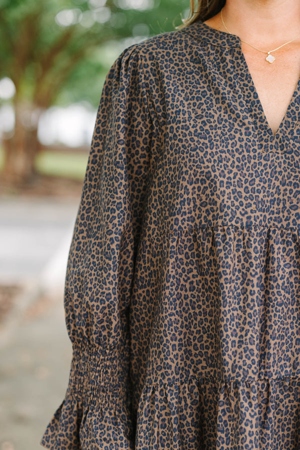 Plus Size dark leopard print tiered dress with a V-neckline and three-quarter length ruffled sleeves.