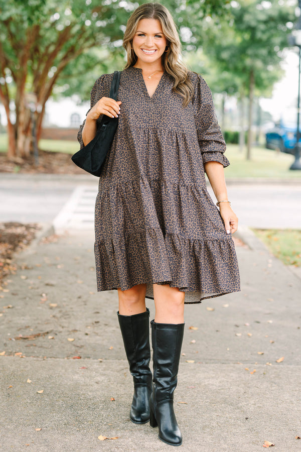 Plus Size dark leopard print tiered dress with a V-neckline and three-quarter length ruffled sleeves.