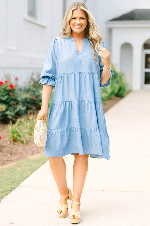 Chic Soul plus size clothing, denim half length sleeve tiered baby doll dress with cinching on the sleeves and v neck cutout
