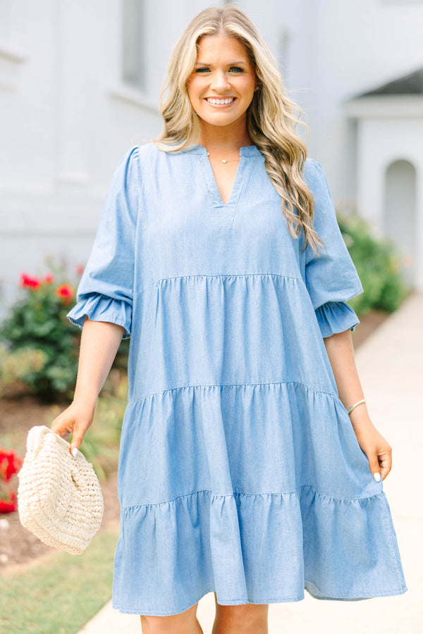 Chic Soul plus size clothing, denim half length sleeve tiered baby doll dress with cinching on the sleeves and v neck cutout