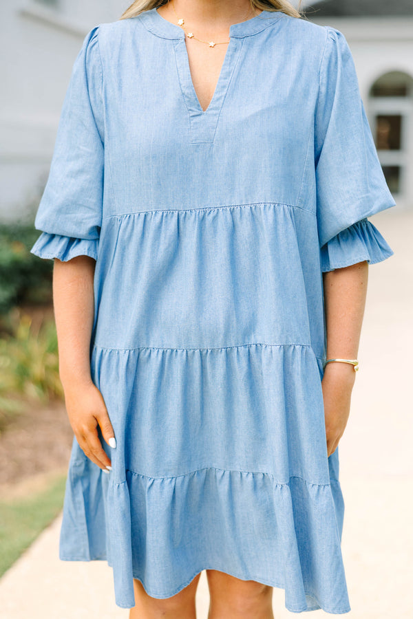 Chic Soul plus size clothing, denim half length sleeve tiered baby doll dress with cinching on the sleeves and v neck cutout