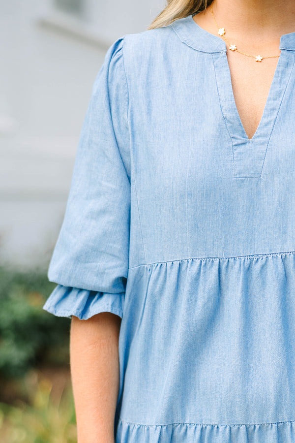 Chic Soul plus size clothing, denim half length sleeve tiered baby doll dress with cinching on the sleeves and v neck cutout