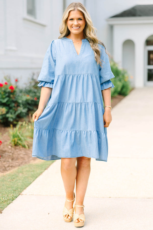 Chic Soul plus size clothing, denim half length sleeve tiered baby doll dress with cinching on the sleeves and v neck cutout