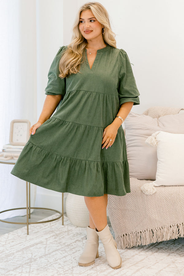 Chic Soul plus size clothing, olive green short sleeve tiered baby doll dress with v neck cutout 