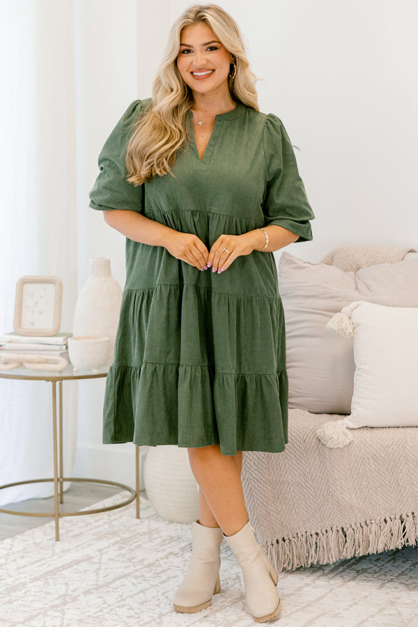Chic Soul plus size clothing, olive green short sleeve tiered baby doll dress with v neck cutout 