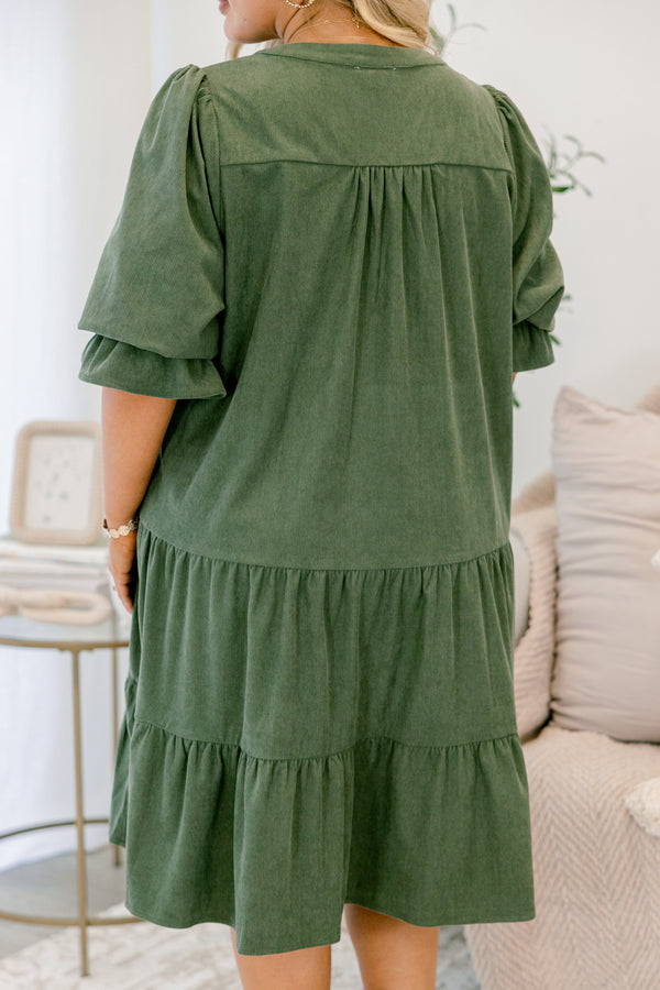 Chic Soul plus size clothing, olive green short sleeve tiered baby doll dress with v neck cutout 