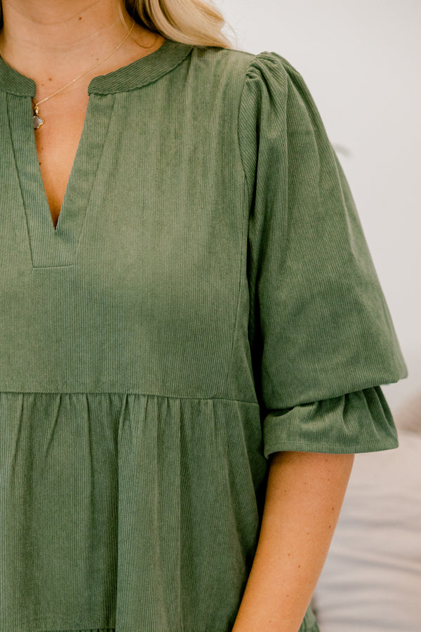 Chic Soul plus size clothing, olive green short sleeve tiered baby doll dress with v neck cutout 