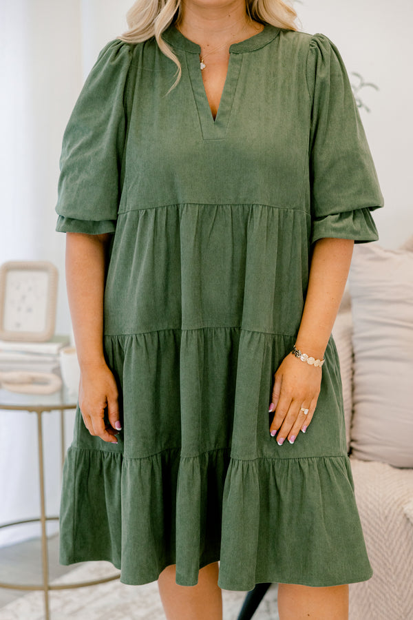 Chic Soul plus size clothing, olive green short sleeve tiered baby doll dress with v neck cutout 