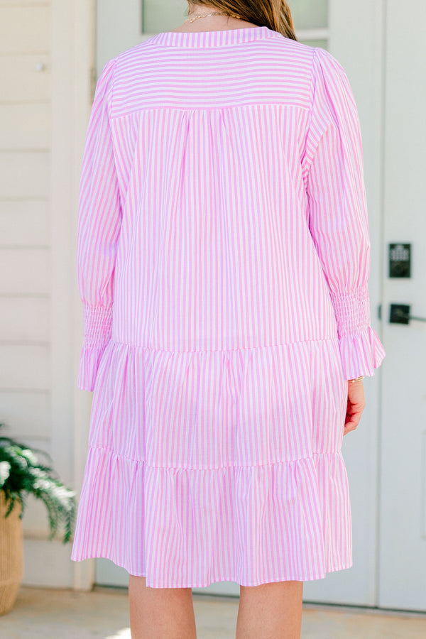 Chic Soul plus size clothing, light pink striped long sleeve babydoll dress with ruching around wrists and v neckline
