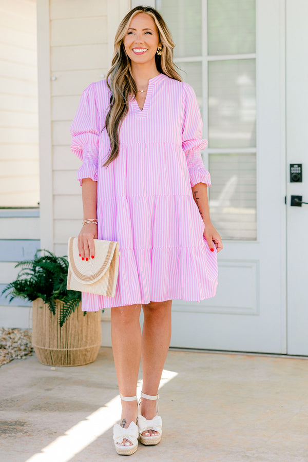 Chic Soul plus size clothing, light pink striped long sleeve babydoll dress with ruching around wrists and v neckline