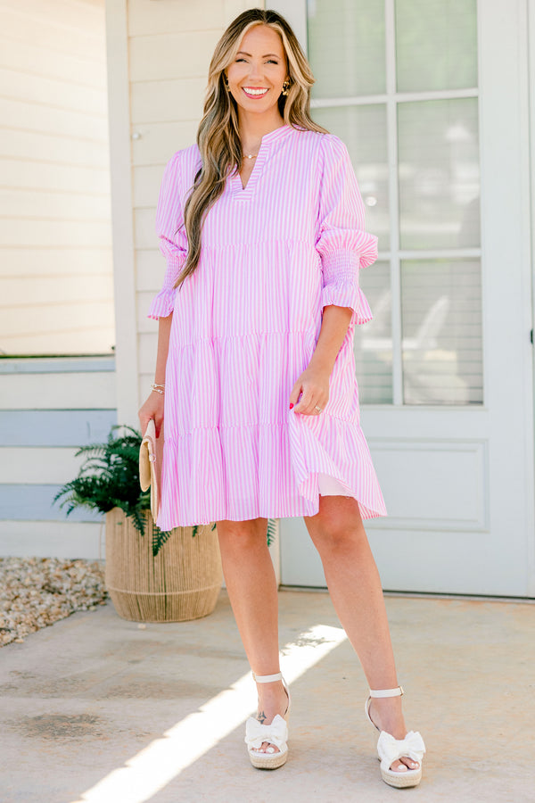 Chic Soul plus size clothing, light pink striped long sleeve babydoll dress with ruching around wrists and v neckline