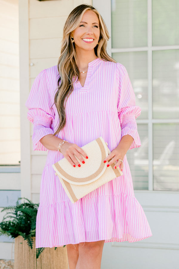 Chic Soul plus size clothing, light pink striped long sleeve babydoll dress with ruching around wrists and v neckline