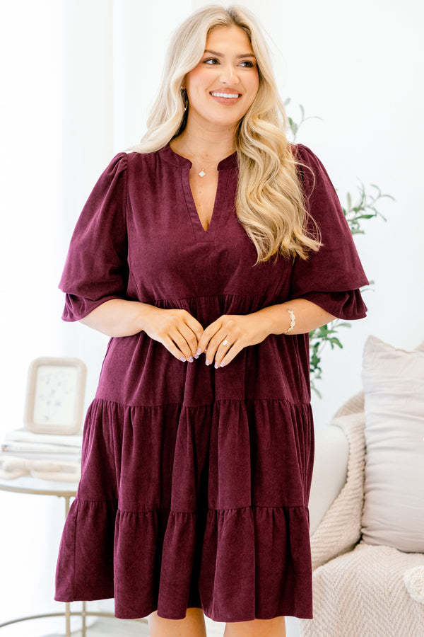 Chic Soul plus size clothing, dark purple short flutter sleeve corduroy tiered baby doll dress