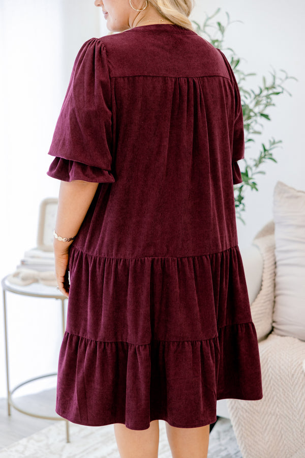 Chic Soul plus size clothing, dark purple short flutter sleeve corduroy tiered baby doll dress
