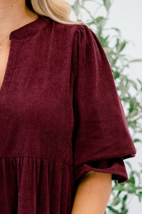 Chic Soul plus size clothing, dark purple short flutter sleeve corduroy tiered baby doll dress