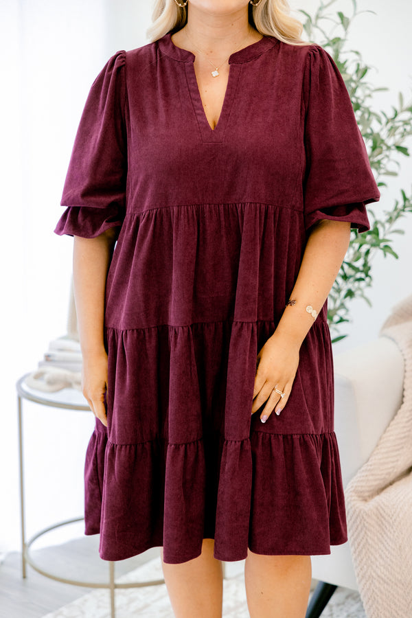 Chic Soul plus size clothing, dark purple short flutter sleeve corduroy tiered baby doll dress